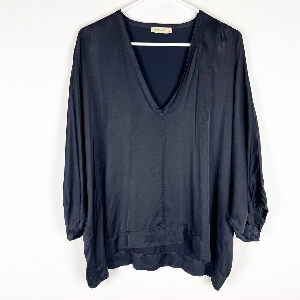 Stark Black Oversized XS V‎ Neck Satin Blouse Lagenlook​​​​